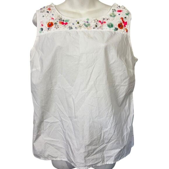 Talbots White Cotton Womens Sleeveless Top Beaded Rhinestones Colorful Shirt 12 - Picture 1 of 16